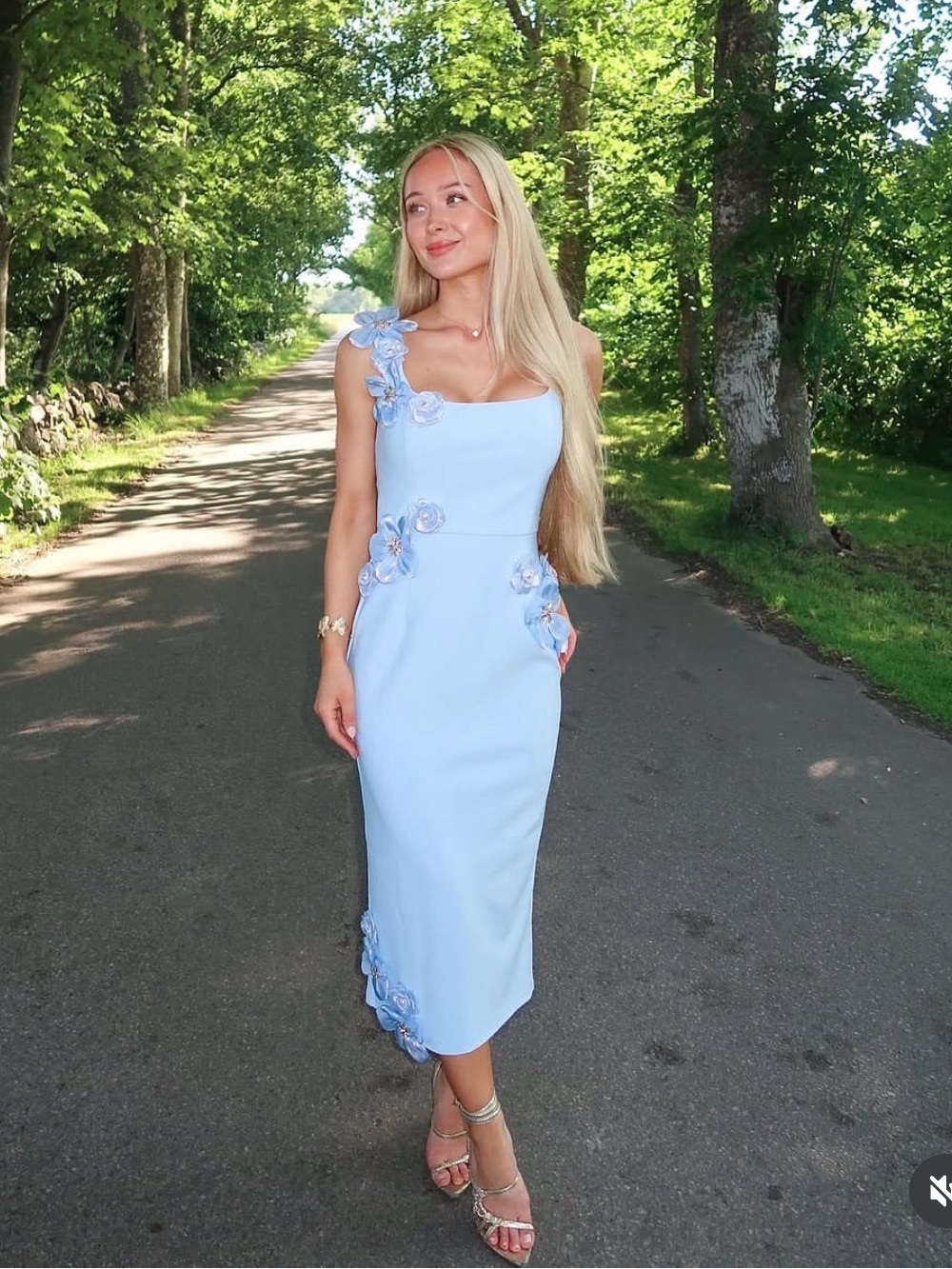 elliatt chantelle blue 3d floral applique fitted midi dress size small NEW